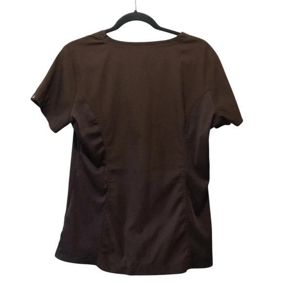2 Koi Chocolate Brown Scrub Tops w/ Pink/Brown Double Zipper 4 Pockets Sz Medium - Picture 3 of 13
